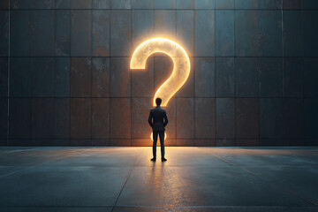 Fototapete - Man standing in front of a large, glowing question mark on a dark tiled wall background.