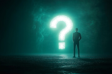 Fototapete - Silhouette of a man facing a large glowing question mark in a dark, mysterious environment. Ai generative.
