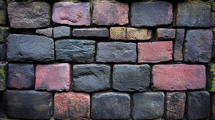 Poster - A weathered stone wall with a variety of colored bricks, showcasing the passage of time and the elements