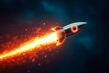 Wall Mural - bright rocket launching with fiery trail on dark background, symbolizing startup success and technol