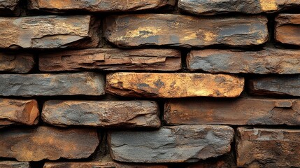 Poster - A weathered and textured stone wall with a mix of dark brown and orange hues, showcasing the natural beauty of rough-hewn stone.