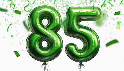 Wall Mural - Green birthday / anniversary balloon, number 85, white background with confetti