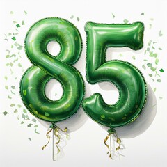 Wall Mural - Green birthday / anniversary balloon, number 85, white background with confetti