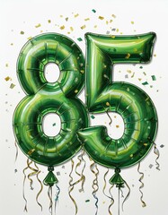 Wall Mural - Green birthday / anniversary balloon, number 85, white background with confetti