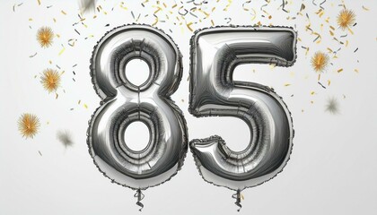 Wall Mural - Silver birthday / anniversary balloon, number 85, white background with confetti