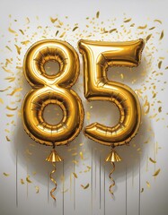 Gold birthday / anniversary balloon, number 85, white background with confetti