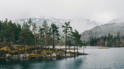 Misty Mountain Lake with Evergreen Forest