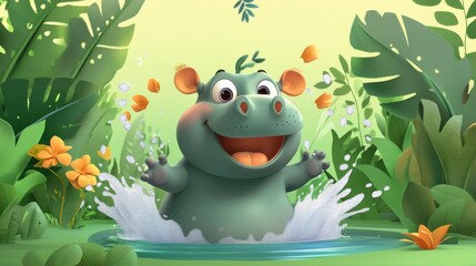 Wall Mural - A cheerful, cartoon hippo splashes joyfully in a vibrant green jungle, surrounded by flowers and lush foliage.