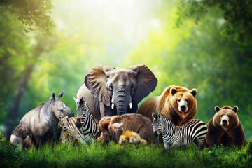 Zoo Animals on Nature Background. A group of animals are together on a nature background with text area. Animals range from an elephant, zebra, bear and rhino. generative ai