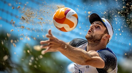 Canvas Print - A beach volleyball player dives for the ball.