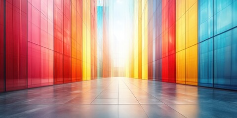 Poster - A vibrant urban alleyway with a tiled pathway leading towards a brilliant glow of light, reflecting off the colorful glass facades of towering buildings