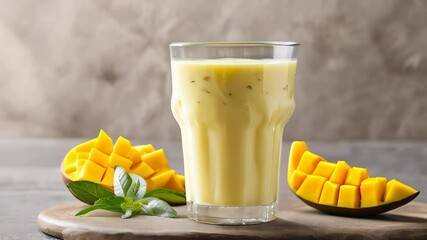 Canvas Print -  Delicious mango smoothie with fresh fruit garnish