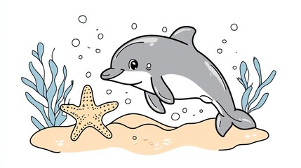 Sticker - Cartoon illustration of a dolphin swimming underwater near a starfish.