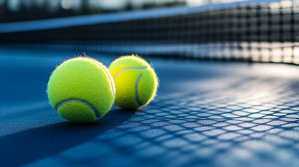 Wall Mural - Two yellow tennis balls resting on a court near the net during a bright afternoon