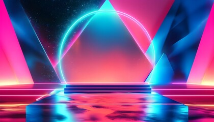 Wall Mural - Retro 80s Neon Landscape: Abstract Stage Show with Triangular Frames and Ultraviolet Glow on a Black Background