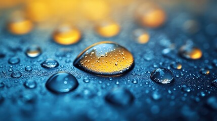 Poster - A single water droplet catches the light, reflecting a golden hue against a backdrop of scattered droplets on a textured surface