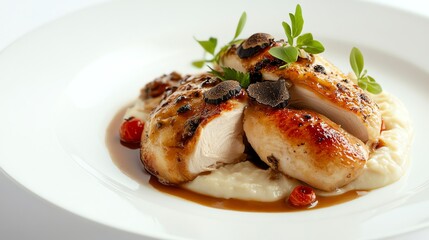 Canvas Print - A white plate of pan-seared chicken breast with black truffle, mashed potatoes, and a brown sauce.