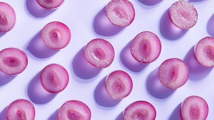 Canvas Print - Grape halves arranged in a pattern on a purple background.