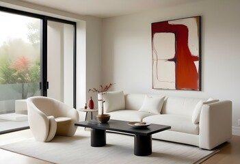 Wall Mural - Modern Minimalist Living Room with Cozy Furniture and Soft Lighting with sofa and mockup.