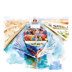 Sticker - Watercolor Painting of a Cargo Ship Passing Through a Canal.