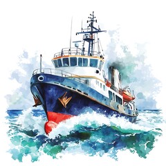 Sticker - Watercolor Illustration of a Ship Sailing on the Ocean.