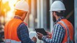 © ADD PHOTO - Construction Workers Inspecting Site with Digital Tablet on Infrastructure Project