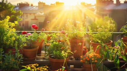 Poster - Sunlit Balcony Garden with Blooming Flowers