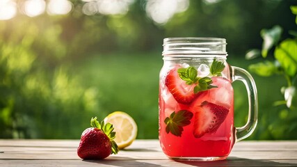 Canvas Print -  Refreshing summer beverage with strawberries and lemon