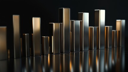 Leinwandbilder - A 3D financial bar graph with metallic bars, representing revenue comparison between different companies, placed on a reflective surface with a sleek black background.