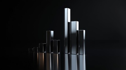 Leinwandbilder - A 3D financial bar graph with metallic bars, representing revenue comparison between different companies, placed on a reflective surface with a sleek black background.