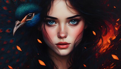 Wall Mural - Enigmatic Woman Embraced by a Majestic Peacock in an Ethereal Setting