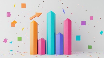 Leinwandbilder - A 3D-rendered bar graph representing financial growth, with vibrant colors and arrows pointing upwards on a white background, symbolizing economic progress.