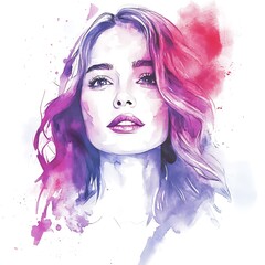 Poster - Watercolor Portrait of a Woman with Pink and Purple Hair.