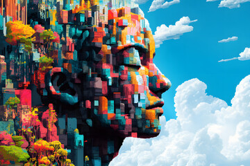 Surreal pixel art of human face merging with cityscape, vibrant abstract expression, futuristic digital artwork, imaginative blend of nature and technology, creative visual concept

