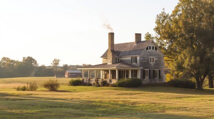 Canvas Print - Countryside Farmhouse with Smoke Rising