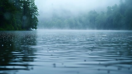 A calm lakeside with rain falling steadily, creating a soothing rhythm on the water's surface.