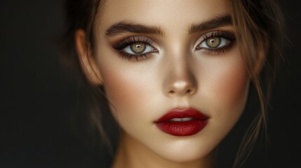  A beauty portrait of a woman with striking facial features, including full lips, bold brows, and sharp cheekbones, with flawless makeup and perfect lighting.