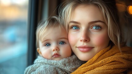 young mother travelling with baby by train