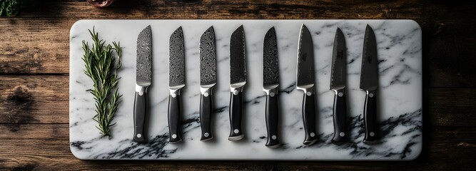 8. A set of high-quality knives on a marble cutting board