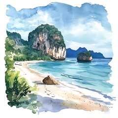 Wall Mural - Watercolor Painting of a Tropical Beach with Lush Greenery and Dramatic Cliffs.