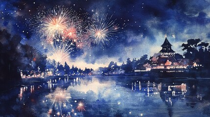 Fireworks Reflection on River at Midnight Watercolor Style