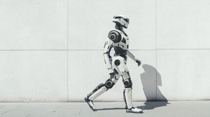 A humanoid robot walking along a minimalist white wall.