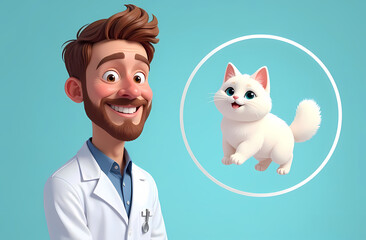 Wall Mural - a male veterinarian on a blue background with an illustration of a cat in a circle , an animation illustration