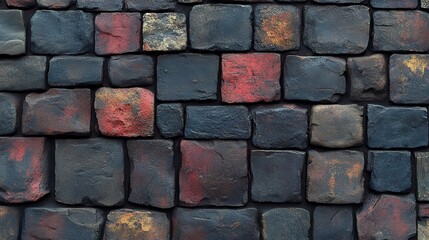 Poster - A Detailed Closeup of a Weathered Stone Wall Featuring Irregularly Shaped Stones with Distinctive Red, Gold, and Black Hues