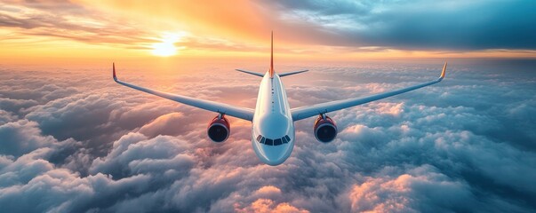 commercial airplane flying above dramatic clouds during sunset