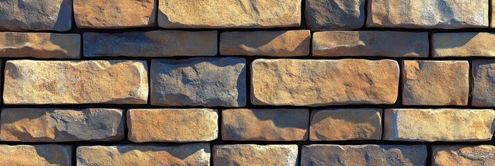 Poster - A textured wall of stacked stone blocks in a staggered pattern, revealing a weathered and rustic aesthetic
