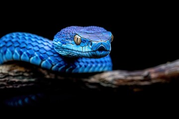 Blue viper snake on branch with black background, viper snake ready to attack, blue insularis snake, generative ai