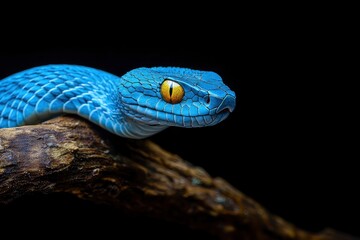 Blue viper snake on branch with black background, viper snake ready to attack, blue insularis snake, generative ai