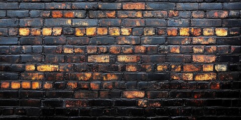 Aufkleber - A weathered brick wall with a dark, almost black patina, revealing hints of the original red brick beneath The texture is rough and uneven, suggesting years of exposure to the elements
