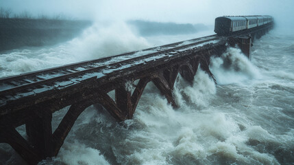 image depicts dramatic scene of railway bridge partially submerged in turbulent floodwaters, showcas